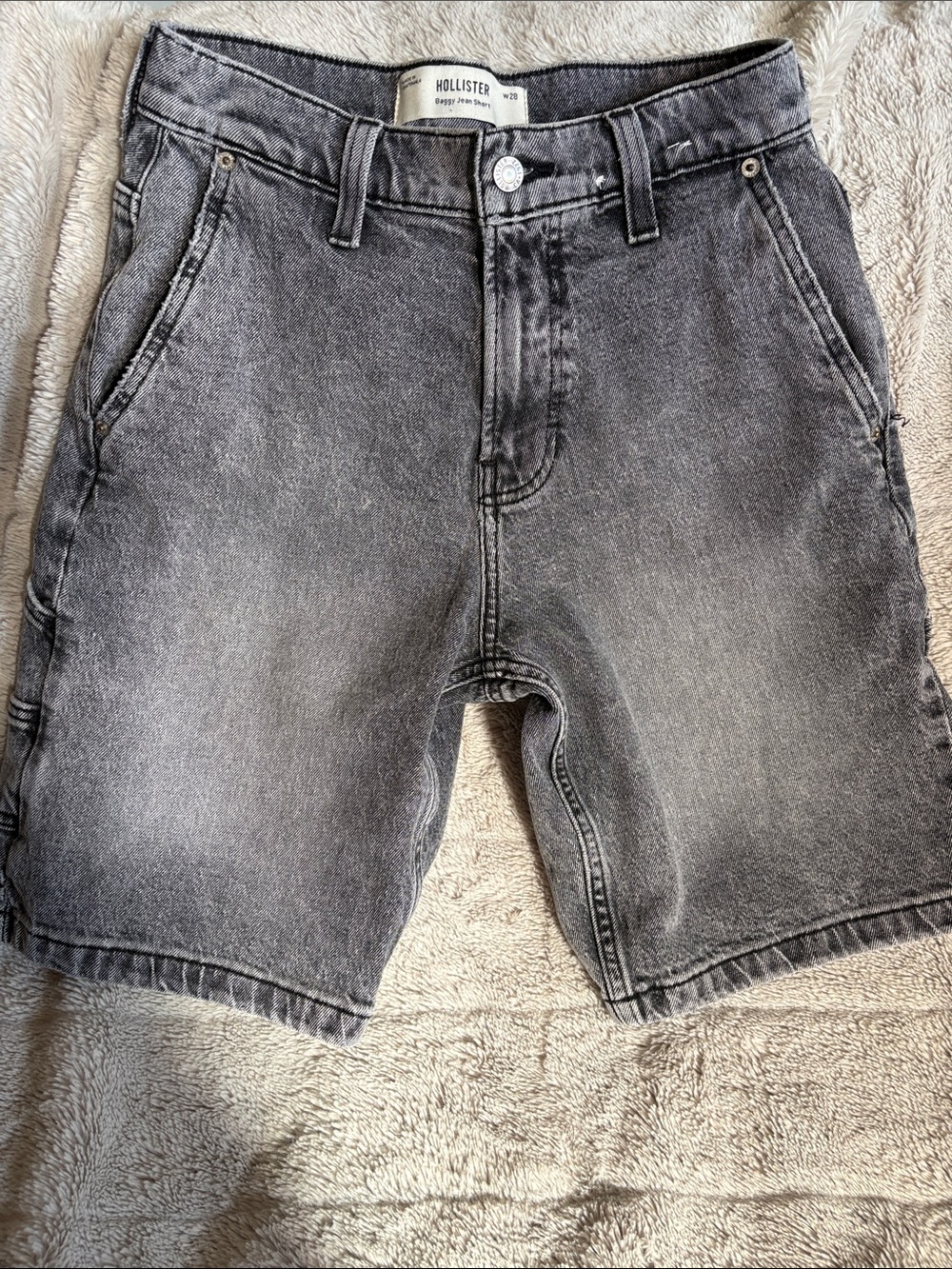 Hollister Men's Washed Black/Grey Baggy Denim Shorts